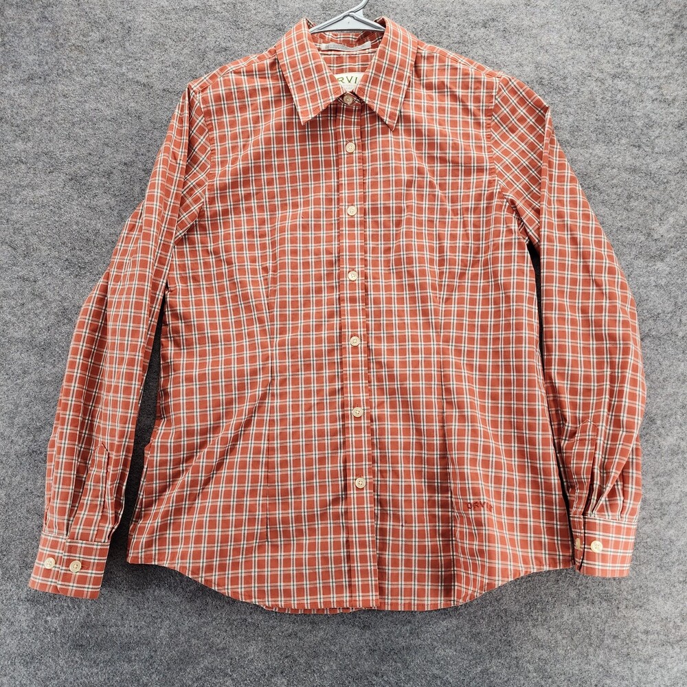 Orvis Shirt Womens 8 Button Up Long Sleeve Orange Plaid